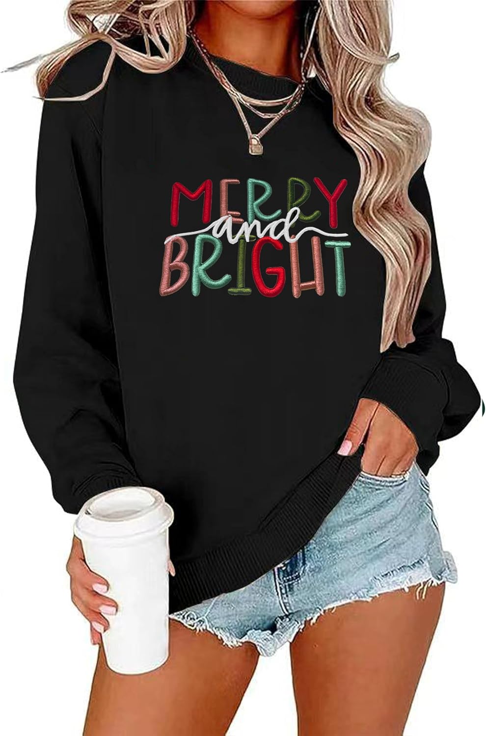Christmas Sweatshirts for Women Merry And Bright Embroidered Pullover Tops