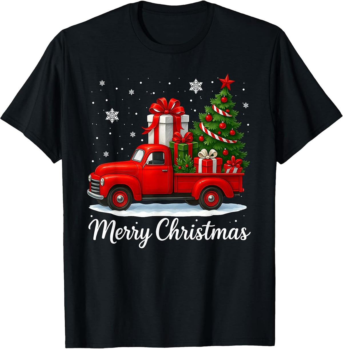 Vintage Merry Christmas Red Truck Funny Xmas Tree Boys Men T-Shirt