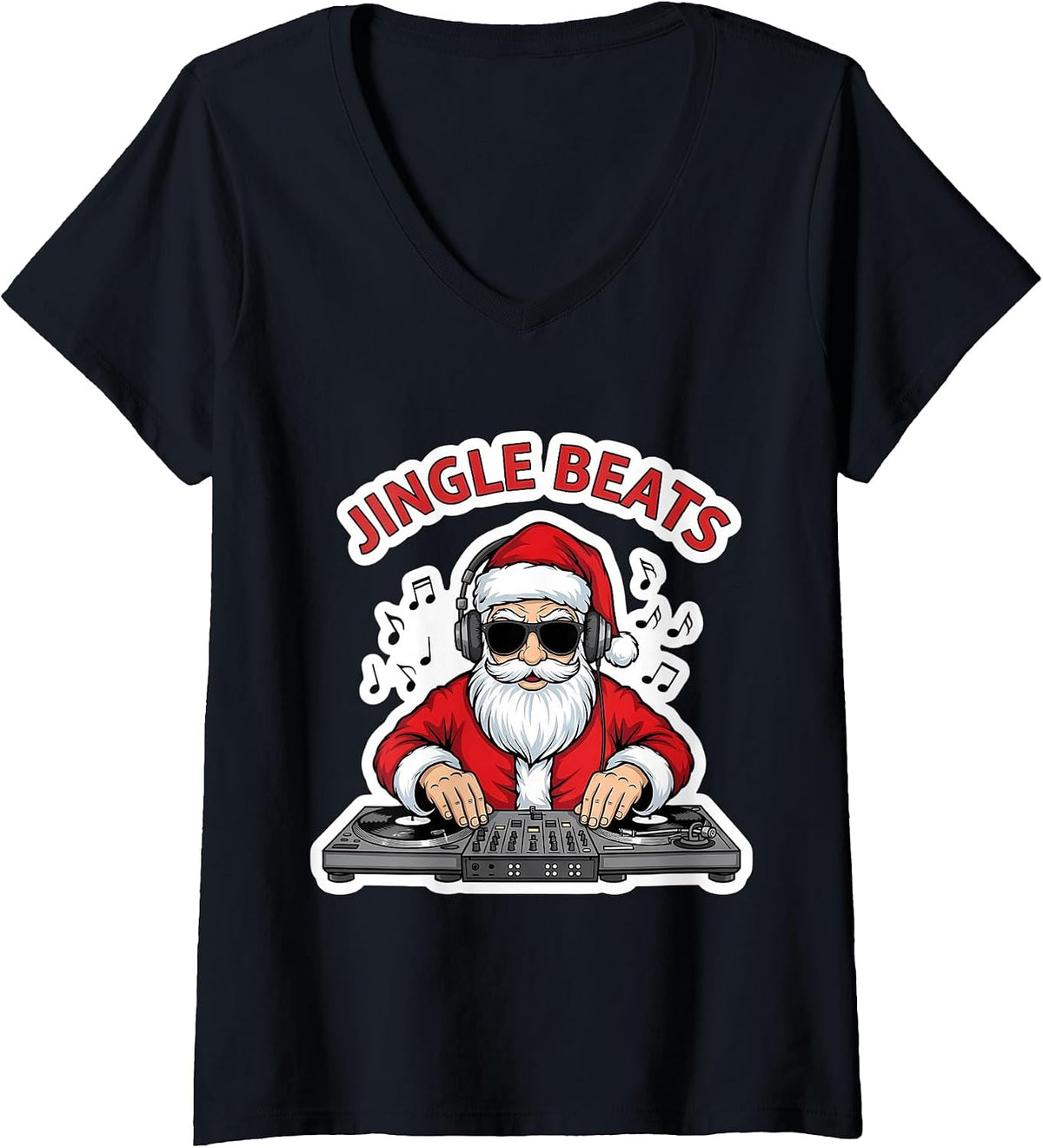 Womens Jingle Beats Funny Christmas DJ Music Lover Creator Santa V-Neck T-Shirt