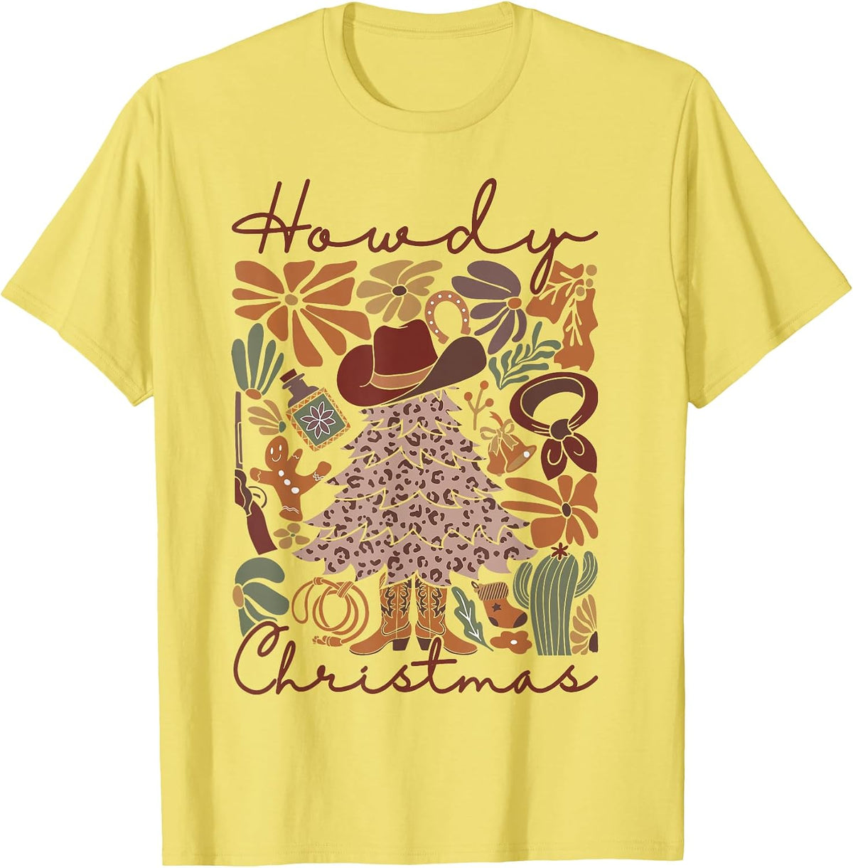 Western Santa Hat Howdy Christmas Tree Boho Flower Cowboy T-Shirt