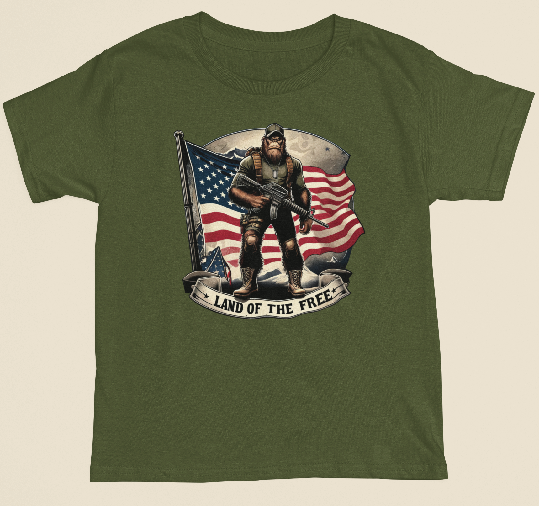 Soldier Squatch & Us Flag - Land of the Free Tshirt - Green