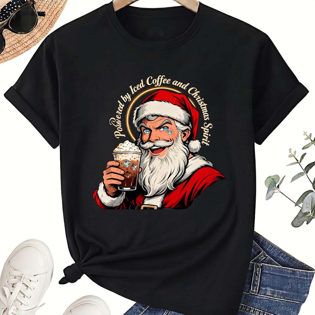 Powered By Iced Coffee and Christmas Spirit T-Shirt, Holiday Caffeine Graphic Tee