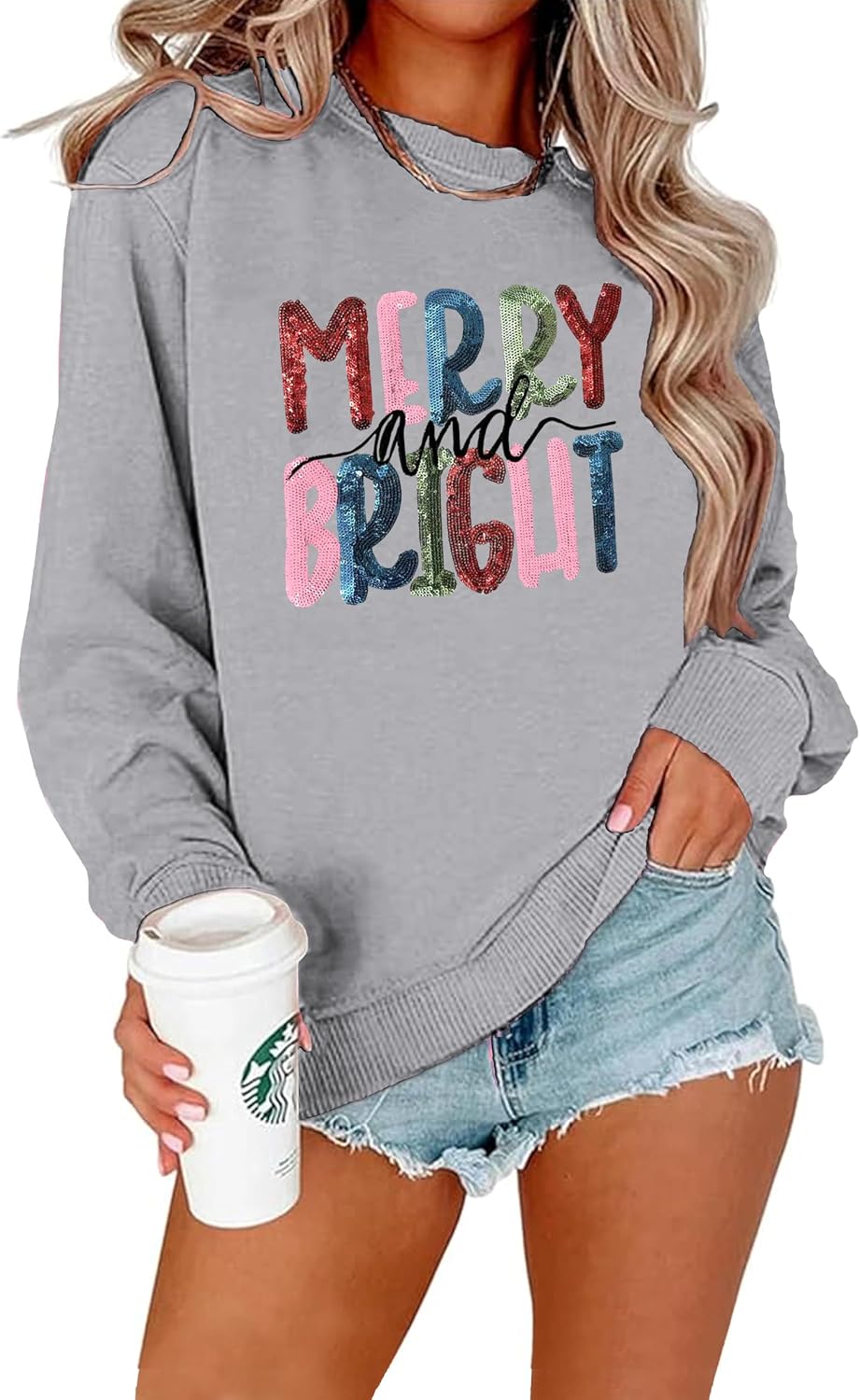 Christmas Sweatshirts for Women Merry Bright Shirt Sequin Xmas Tops