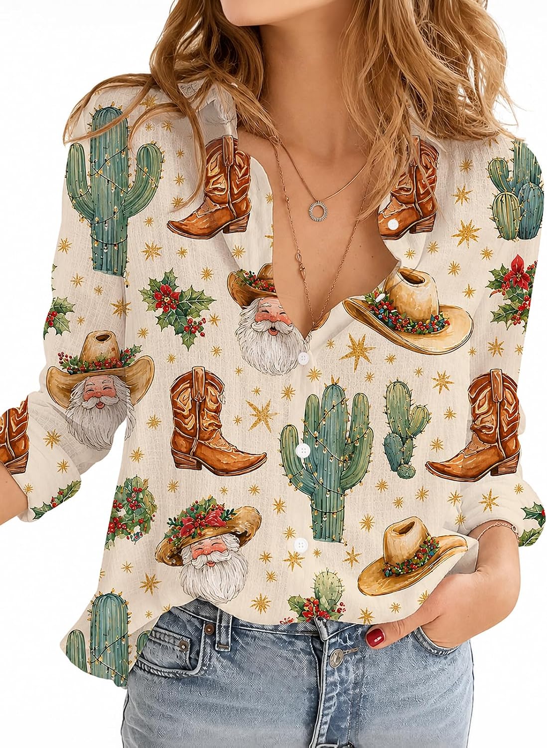 Western Christmas Blouse Shirt for Women, Cowgirl Holiday Button Down Top