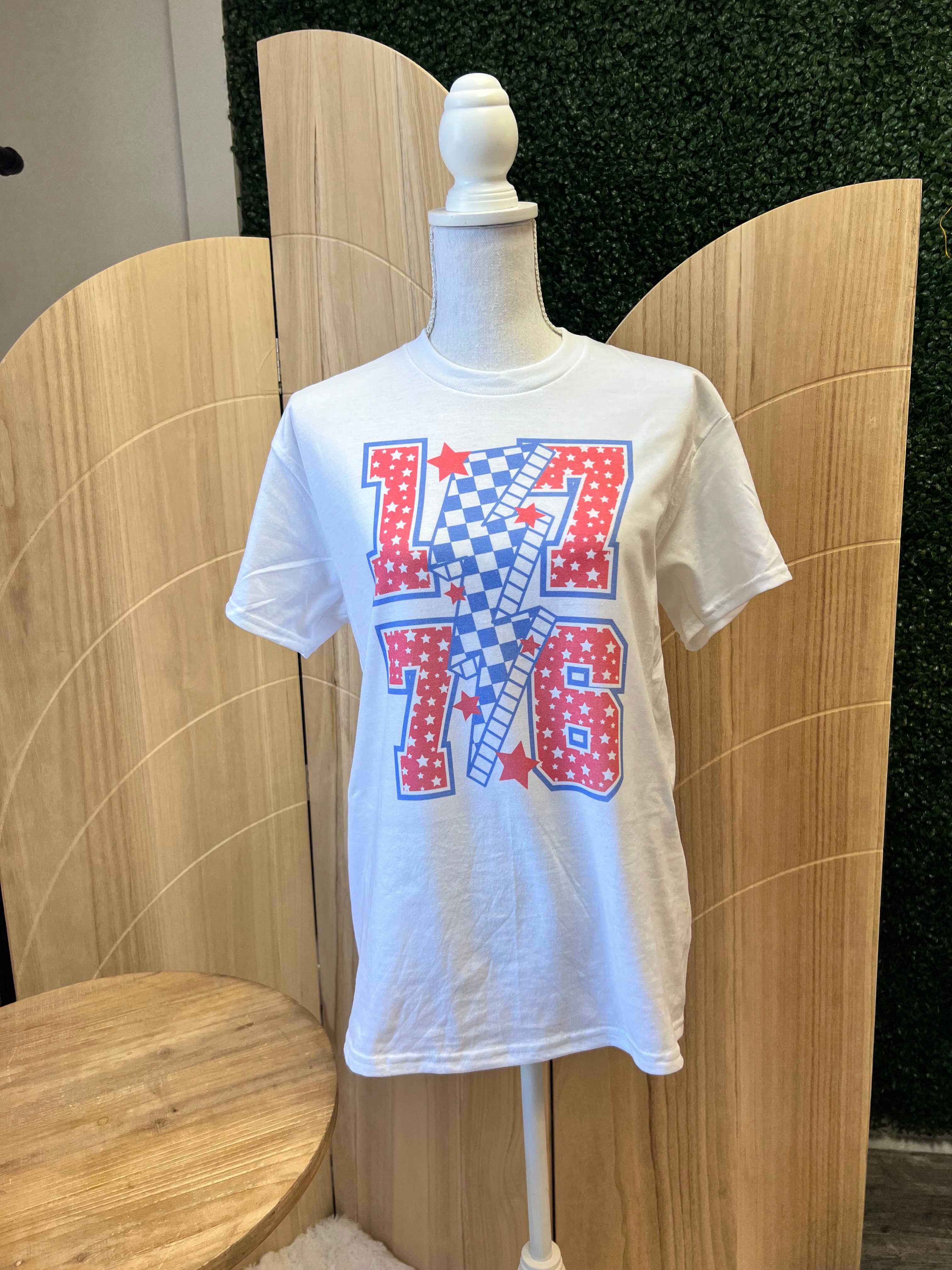 1776 (Patriotic with Lightning Bolt) On White Tee