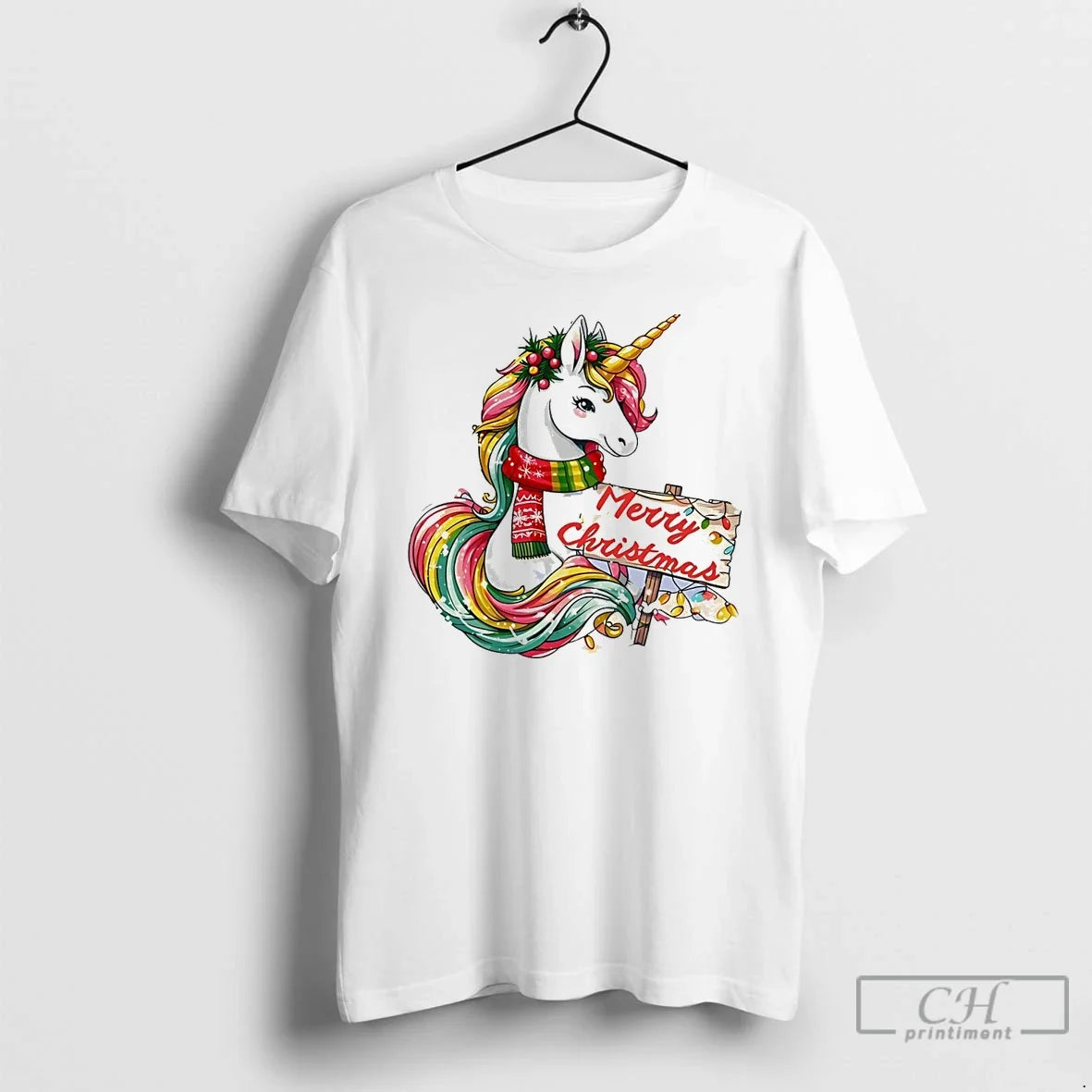 Classic Merry Christmas Rainbow Unicorn Holiday Lights White T Shirts