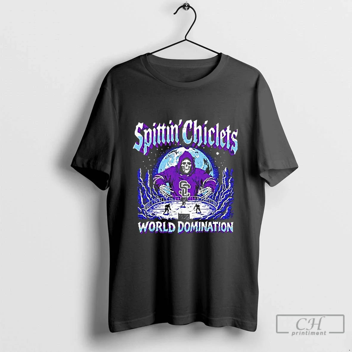 Classic Spittin Chiclets World Domination Grim Reaper Hockey Moon Blackshirt T Shirts