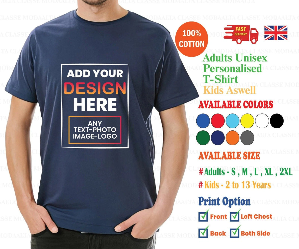 Custom Printed Personalised Tee Shirt with Your Text Image Logo Unisex Unisex