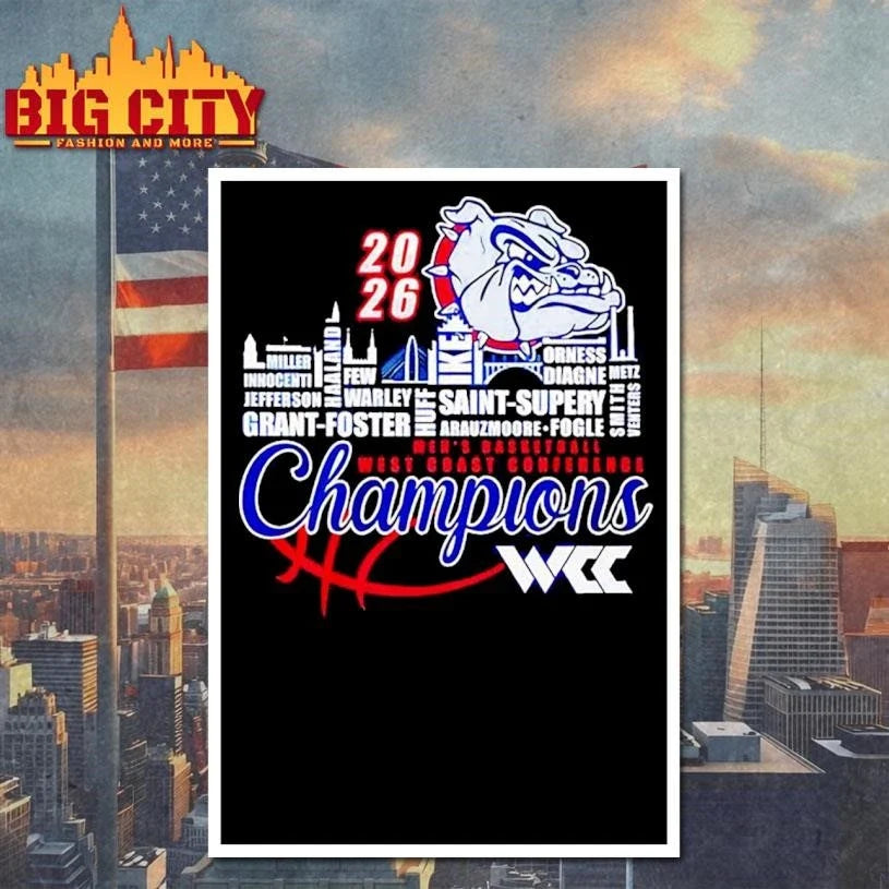 Gonzaga Bulldogs 2026 WCC Men’s Basketball Champions player names city skyline Shirt Unisex