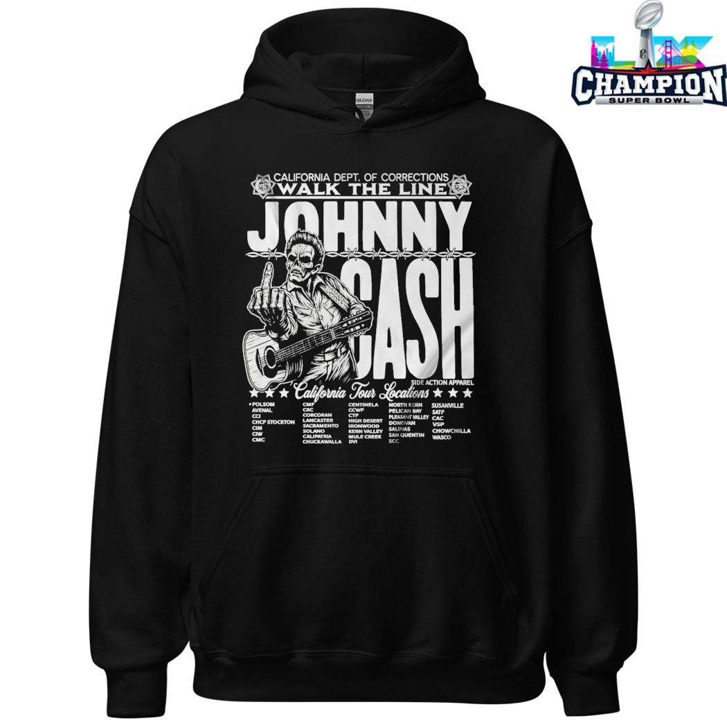 Johnny Cash X California Dept Of Corrections Walk The Line Tour Middle Finger Guitar T-shirts