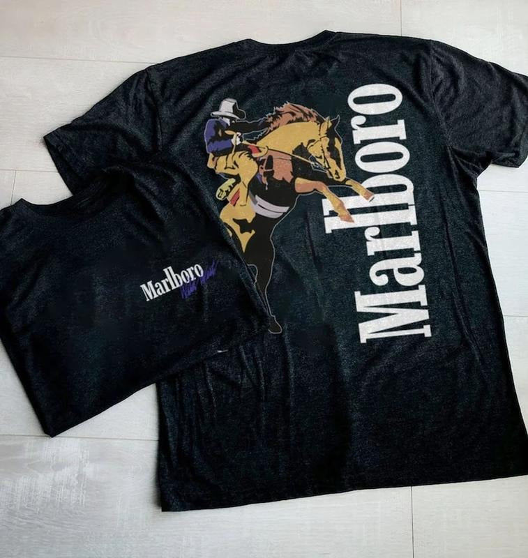 Marlboro Vintage Cowboy Wild West Shirt - Country Music Shirt, Black Cotton with Graphic Design, Suitable for Men and Casual Wear