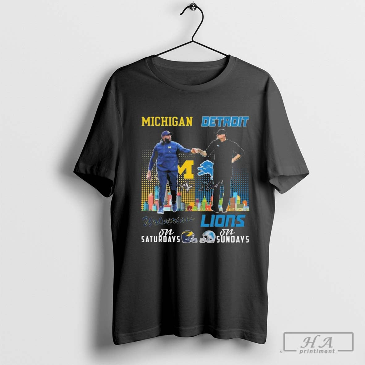 Michigan Wolverines Sherrone Moore On Saturdays X Detroit Lions Daniel Allen Campbell On Sundays Signatures T Shirts 423725