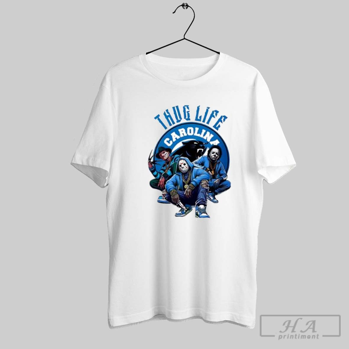 Official Thug Life Carolina Freddy Jason Michael Myers Halloween Panthers Posters White