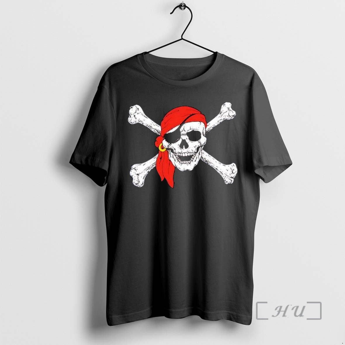Pirate Jolly Roger Skull Red Bandana Eye Patch Gold Earring Crossbones Graphic Nautical