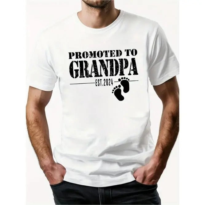 "PROMOTED TO GRANDPA" letter printed men's round neck short sleeve cotton , comfortable and breathable, casual summer , suitable for everyday and outdoor wear Made in USA