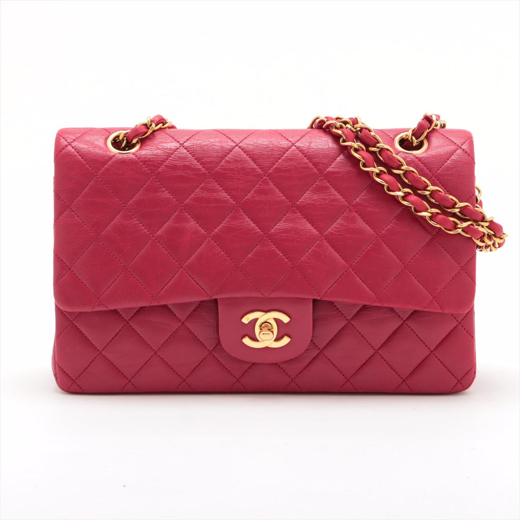 Chanel Matelasse Classic Double Flap 25 Dark Pink Lambskin Gold Metal Fittings 3 Series #2612