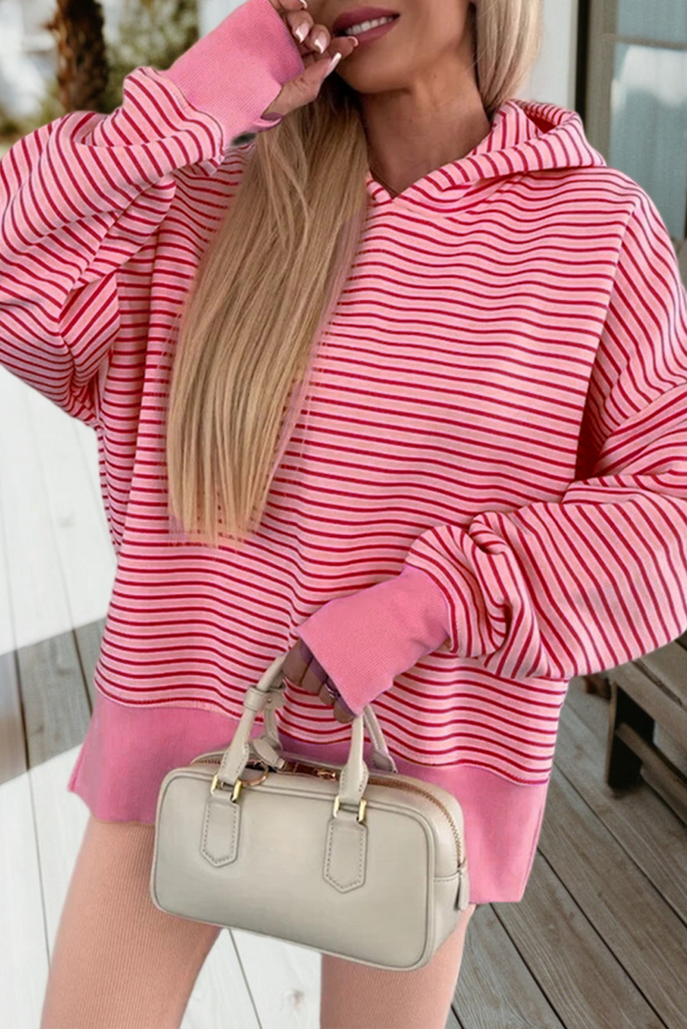 66Stripe Thumbhole Side Slits Loose Fit Hoodie (S-Xl)