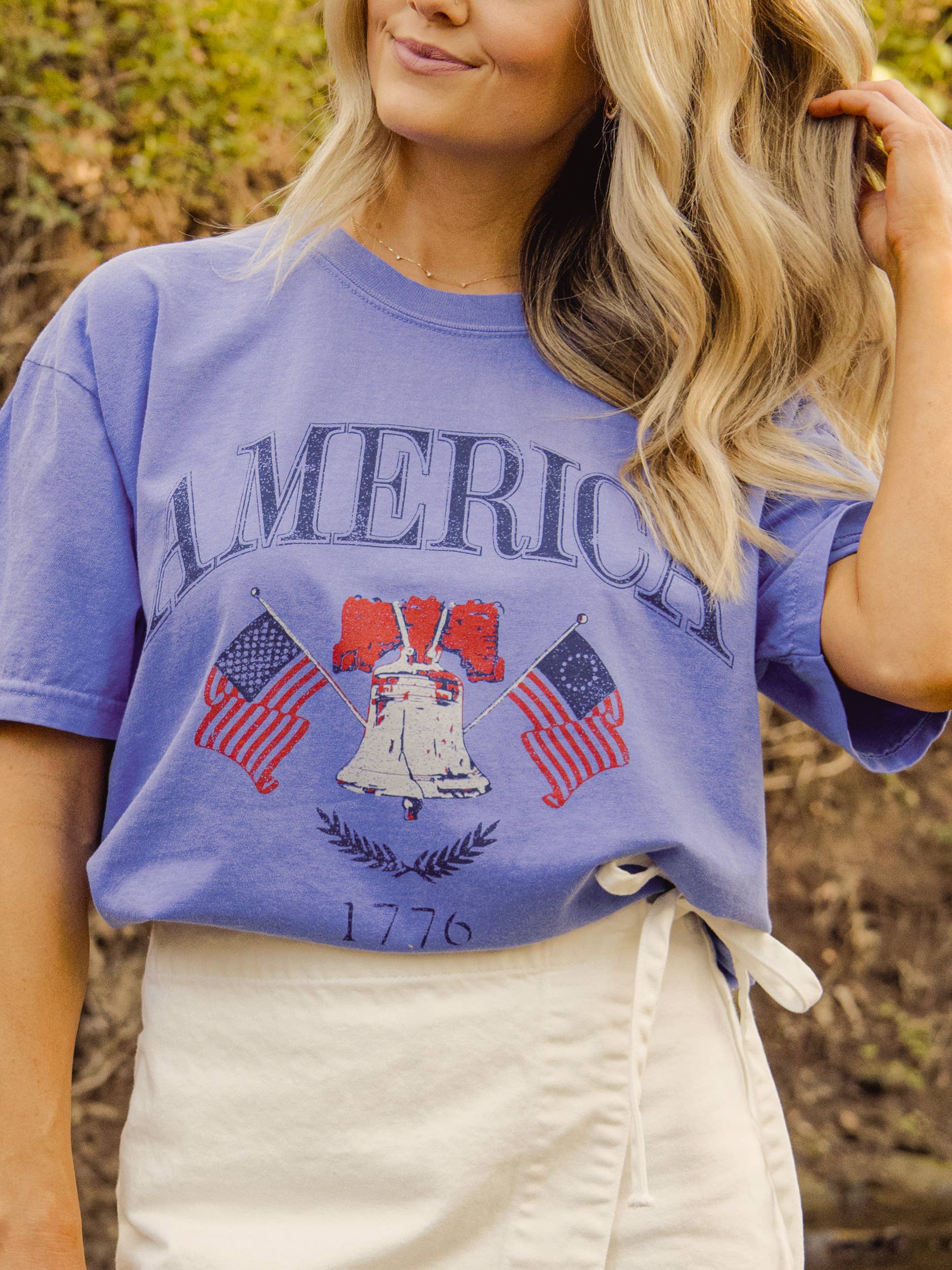 4th of July American Bell Flo Blue Comfort Colors Tee