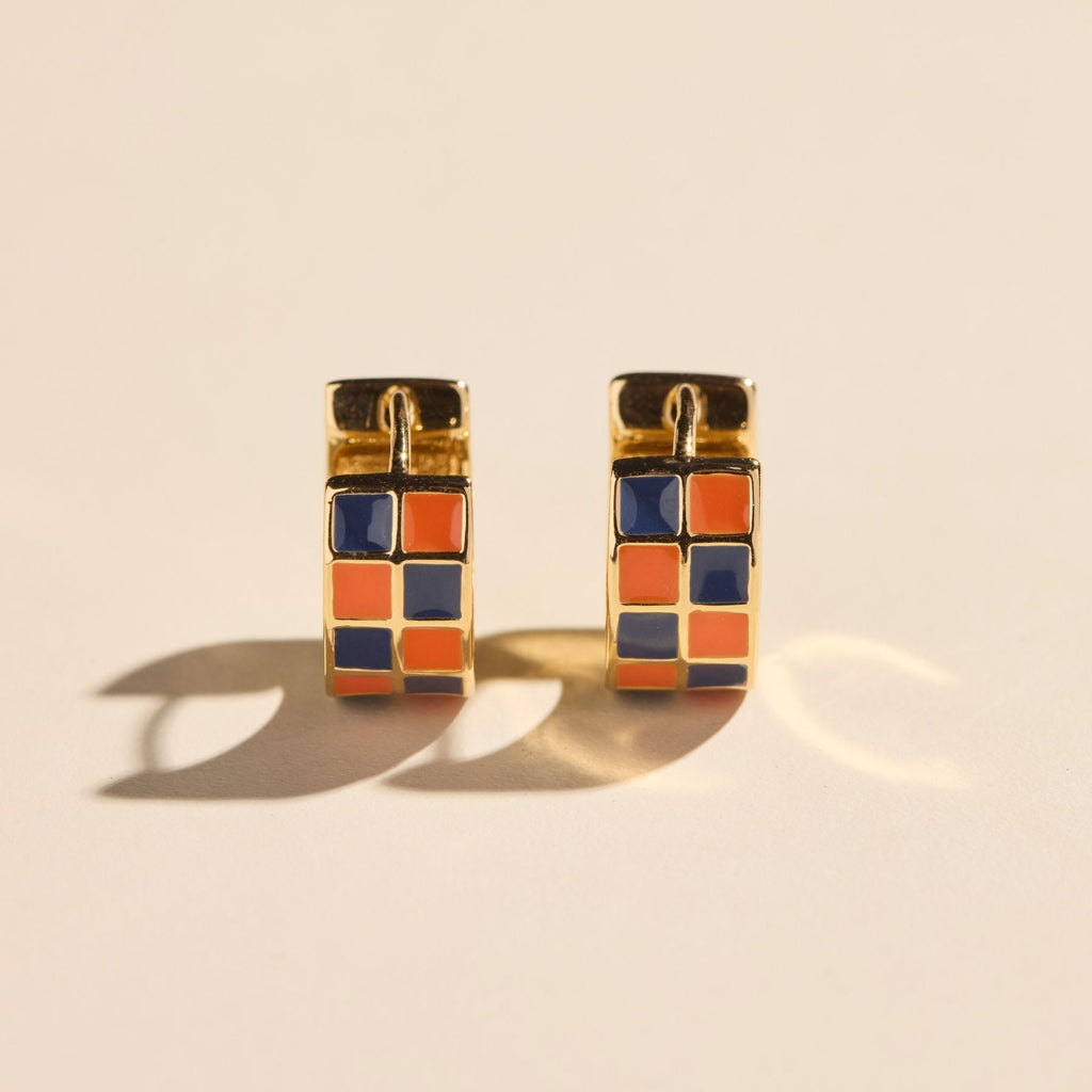 Blue & Orange Checkered Enamel Huggies