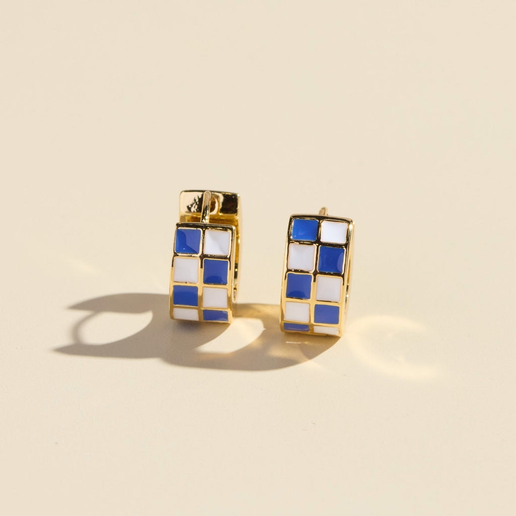 Blue & White Checkered Enamel Huggies