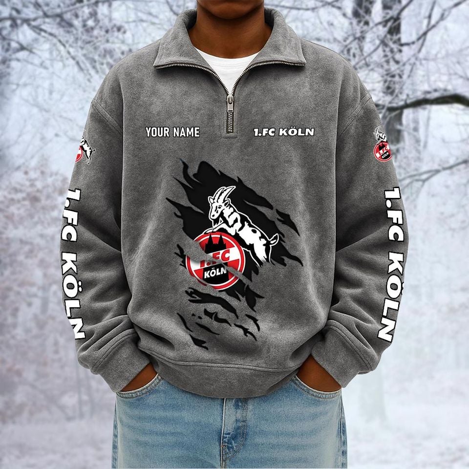 1. FC Koln Custom Name Quarter Zip Pullover Sweatshirt - Multicolor