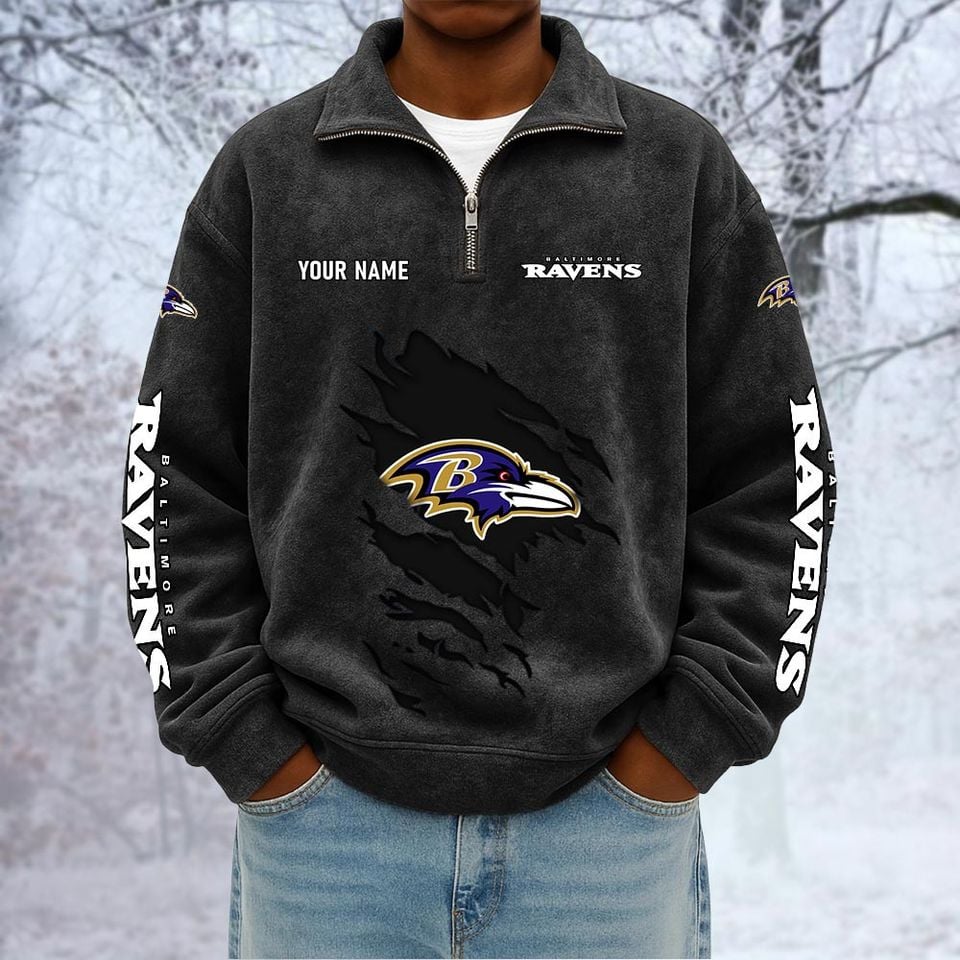 Baltimore Raven Custom Name Quarter Zip Pullover Sweatshirt - Multicolor