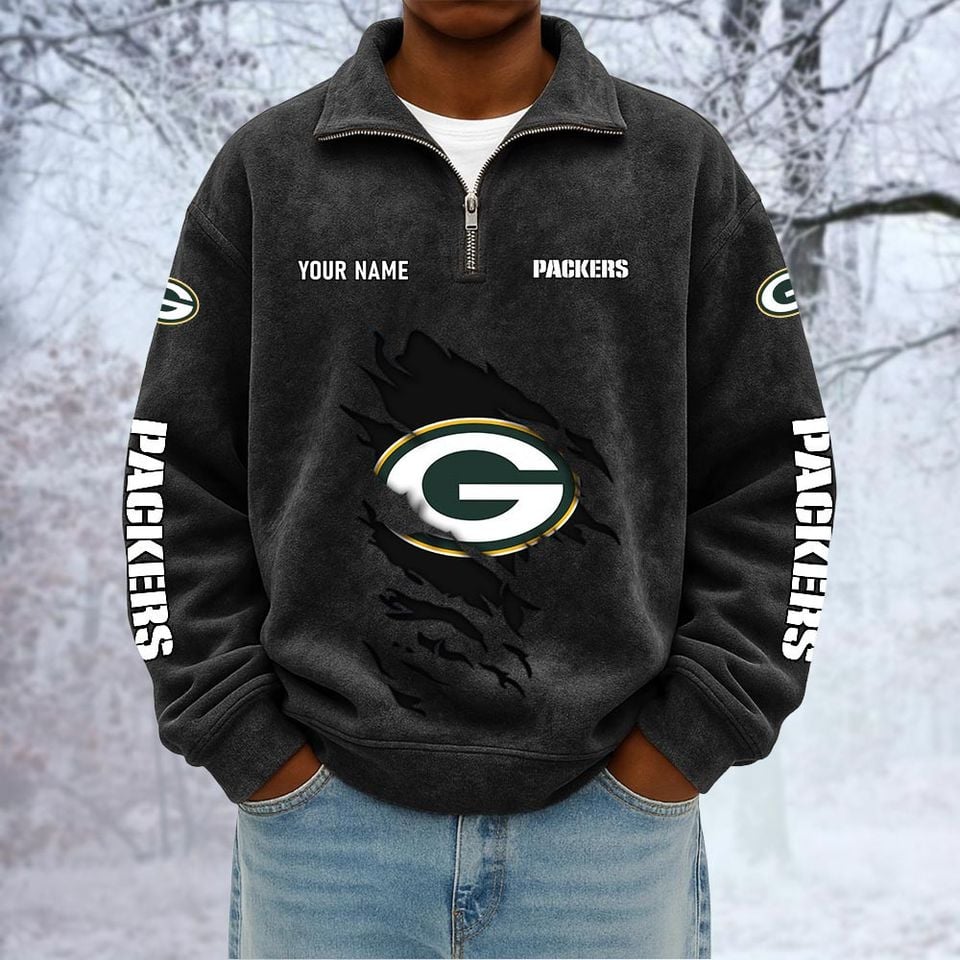 Green Bay Packers Custom Name Quarter Zip Pullover Sweatshirt - Multicolor