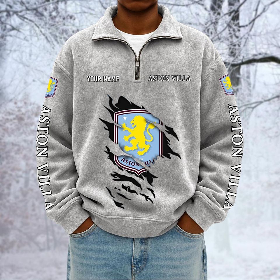 Aston Villa Custom Name Quarter Zip Pullover Sweatshirt - Multicolor