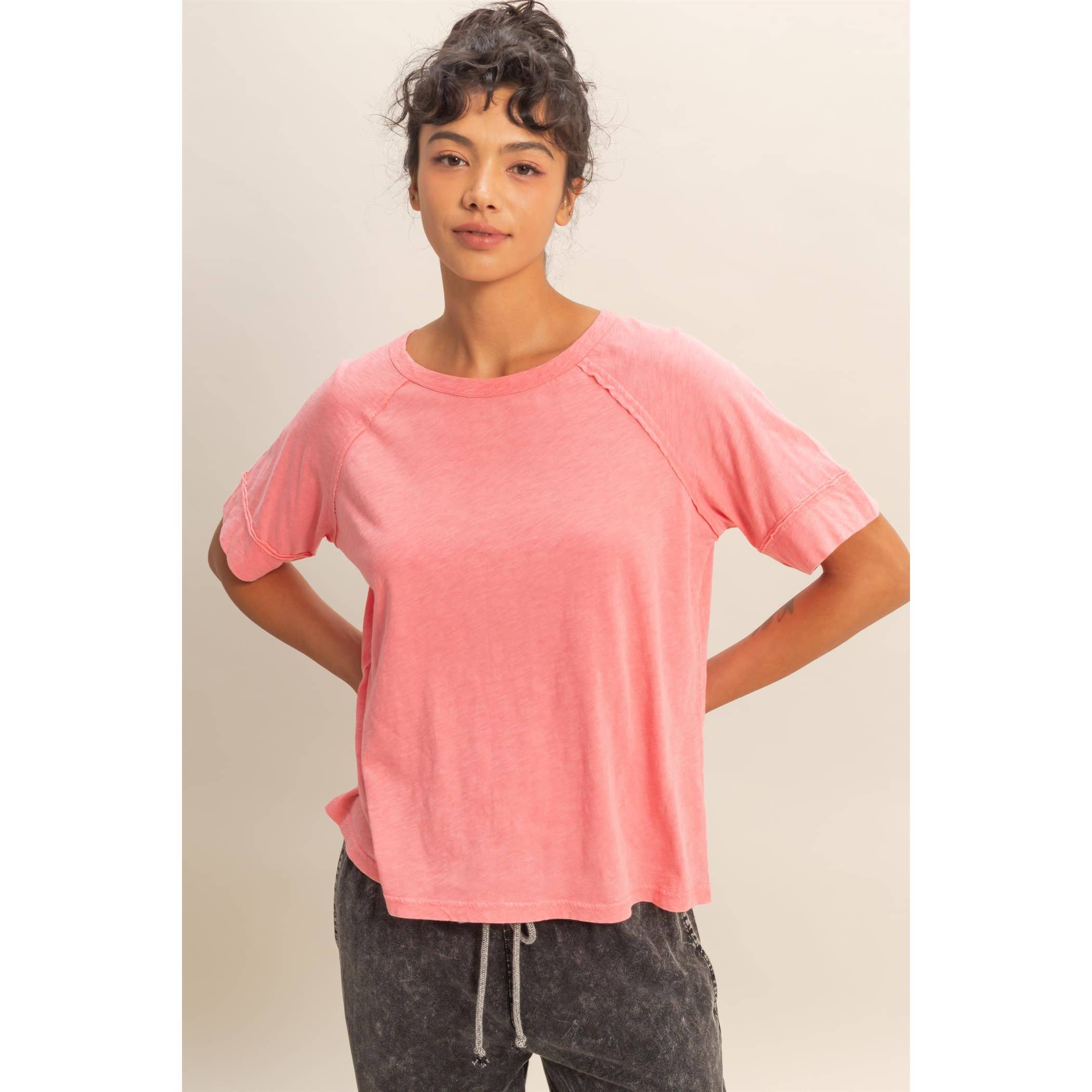 Acid Wash Raw Seam Raglan Short Sleeve Tee