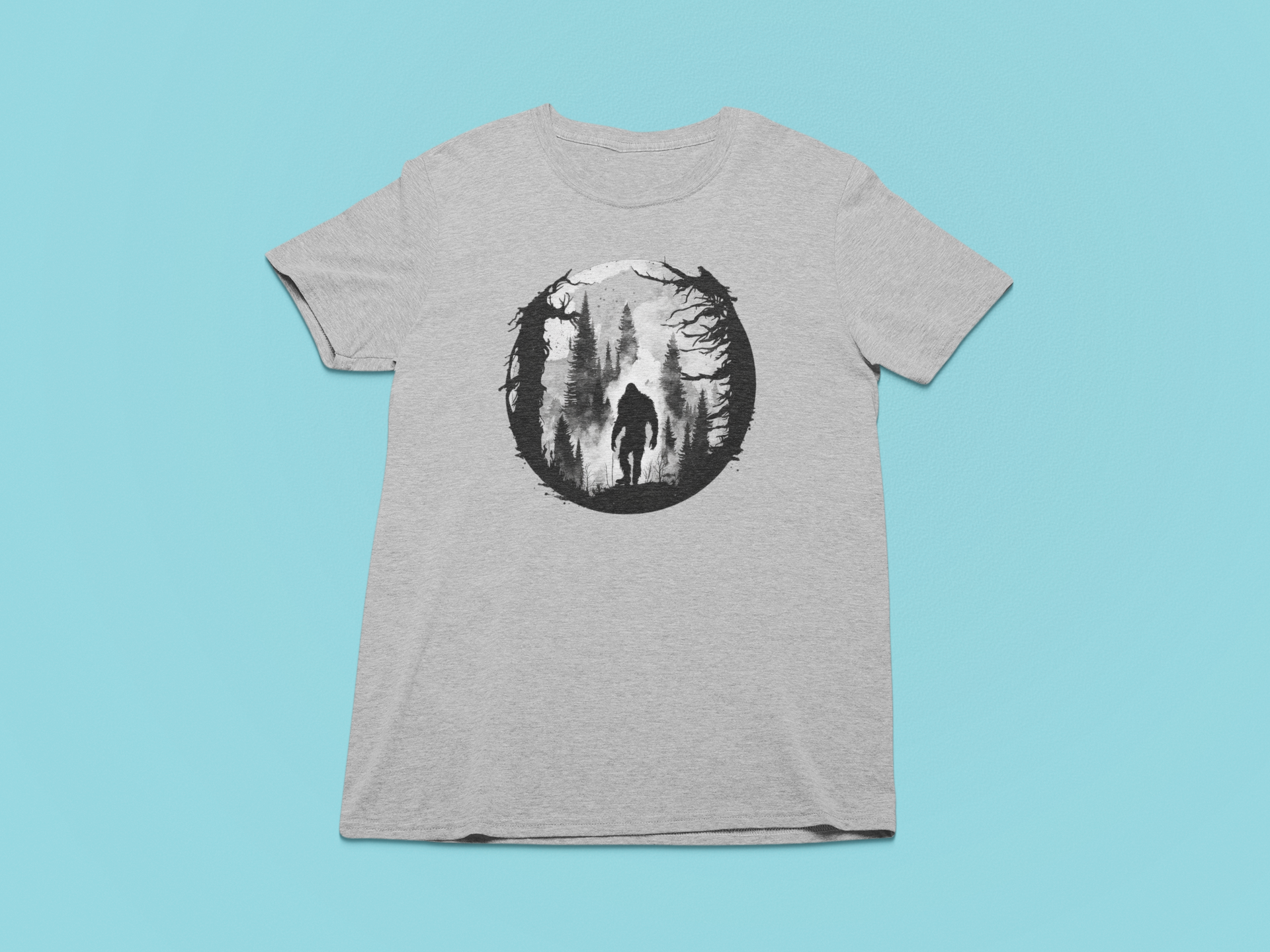 Bigfoot Silhouette Nature Scene T-Shirt (Gray)