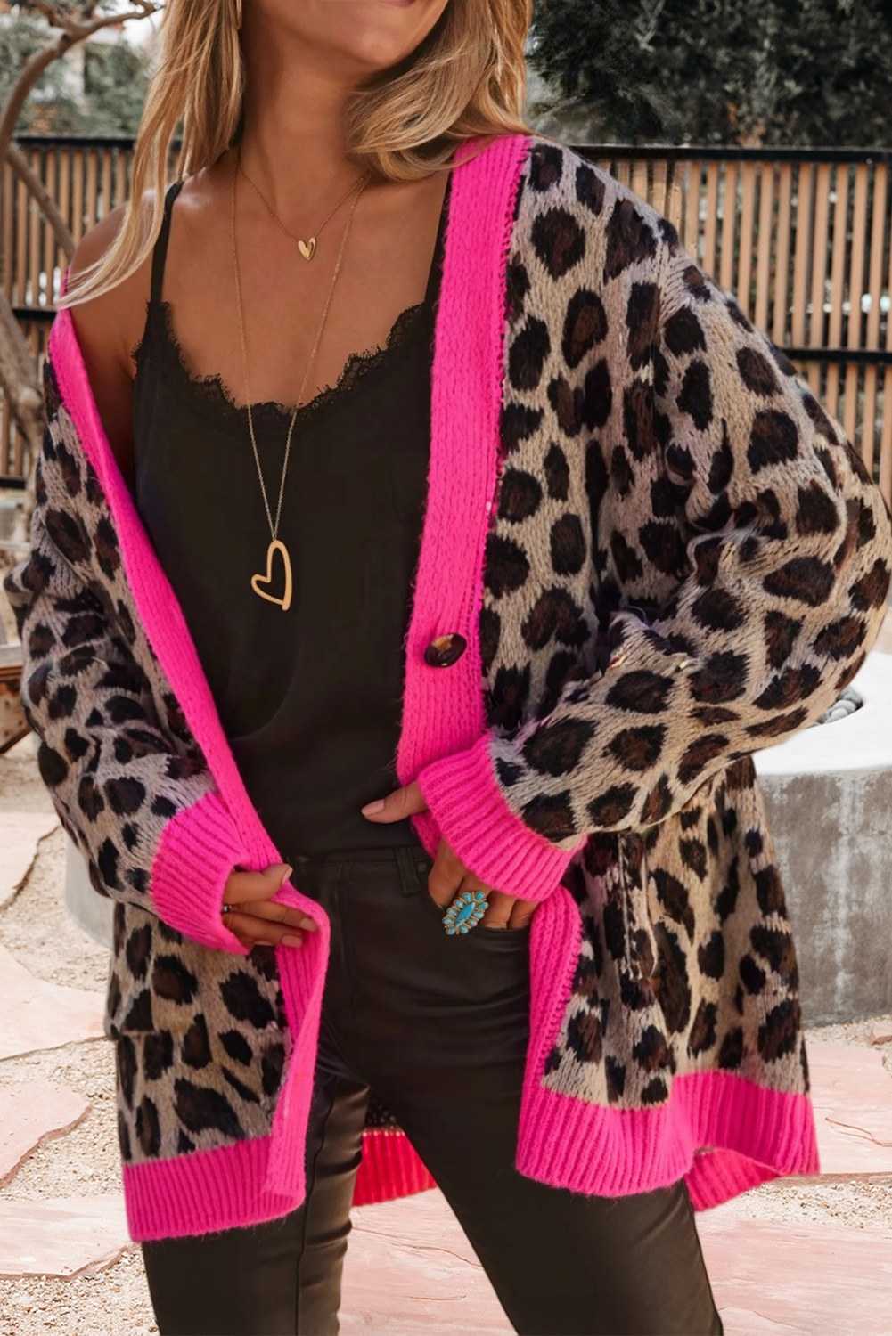 66Leopard Print Color Block Trim Sweater Cardigan (S-Xl)