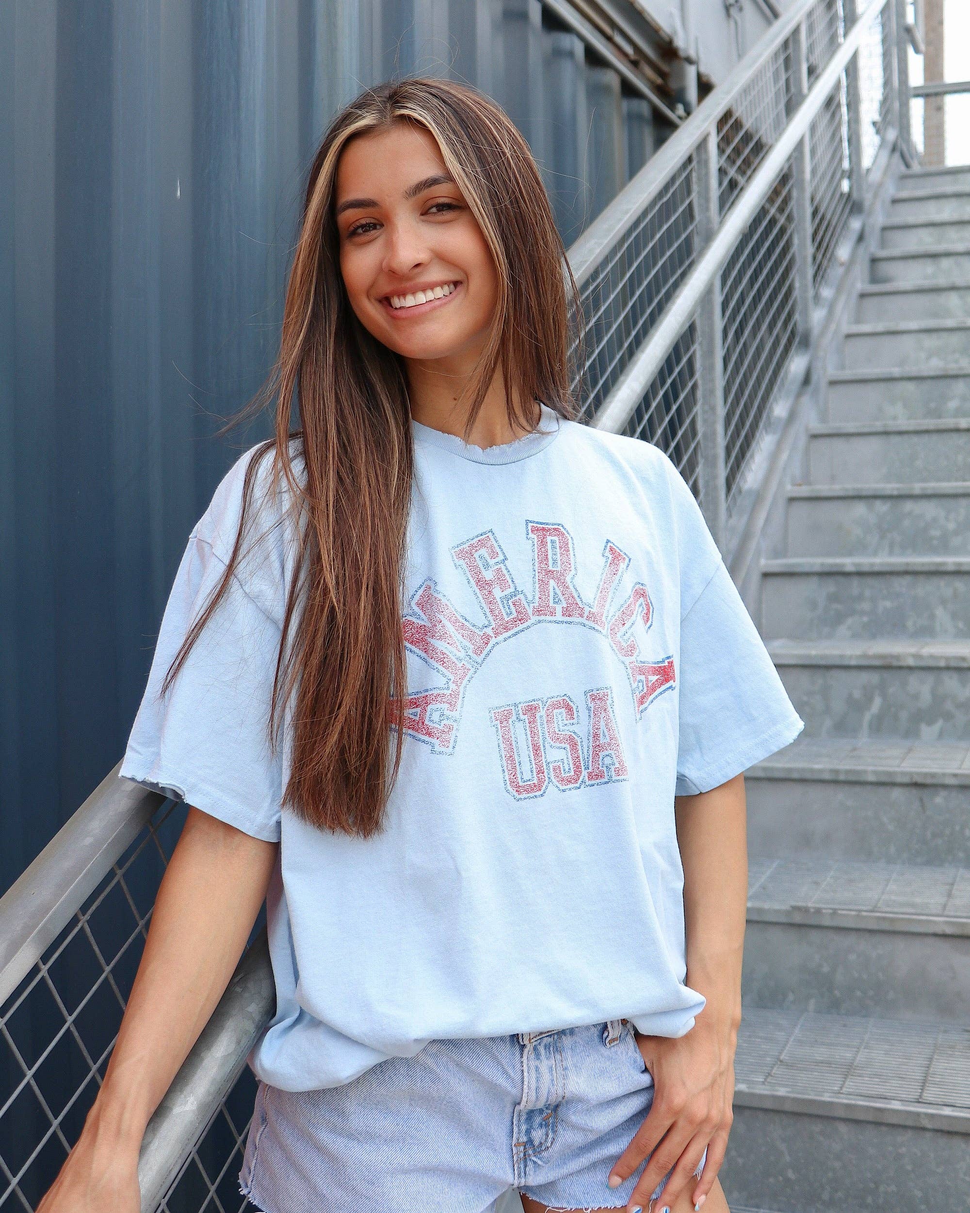 4th of July America Mega Arch Lt. Blue Thrifted Graphic Tee