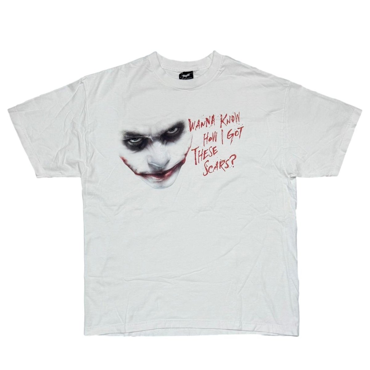THE DARK KNIGHT JOKER WANNA KNOW HOW I GOT THESE SCARS? WHITE LARGE 4316