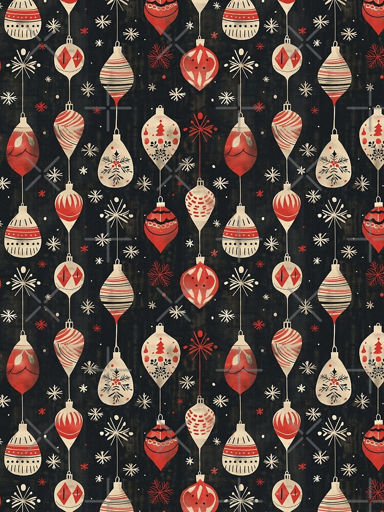 Retro Christmas Ornament Pattern in Red and Cream on Dark Background by Teeny Quities