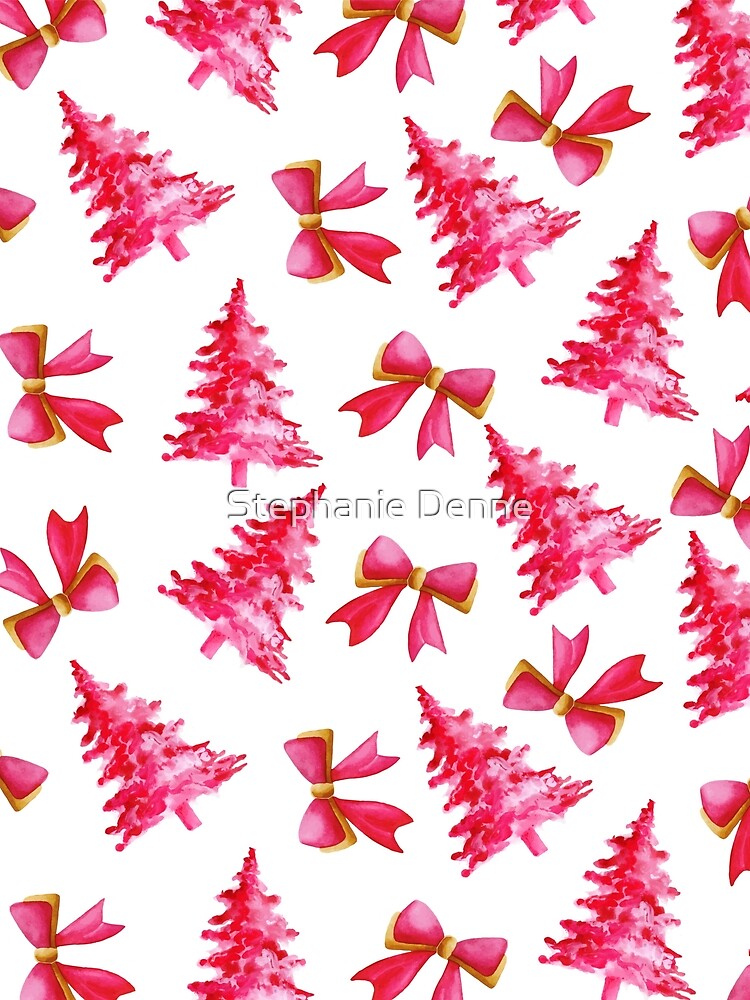 Pink Christmas Trees and Bows - Watercolor Christmas by Stephanie Denne