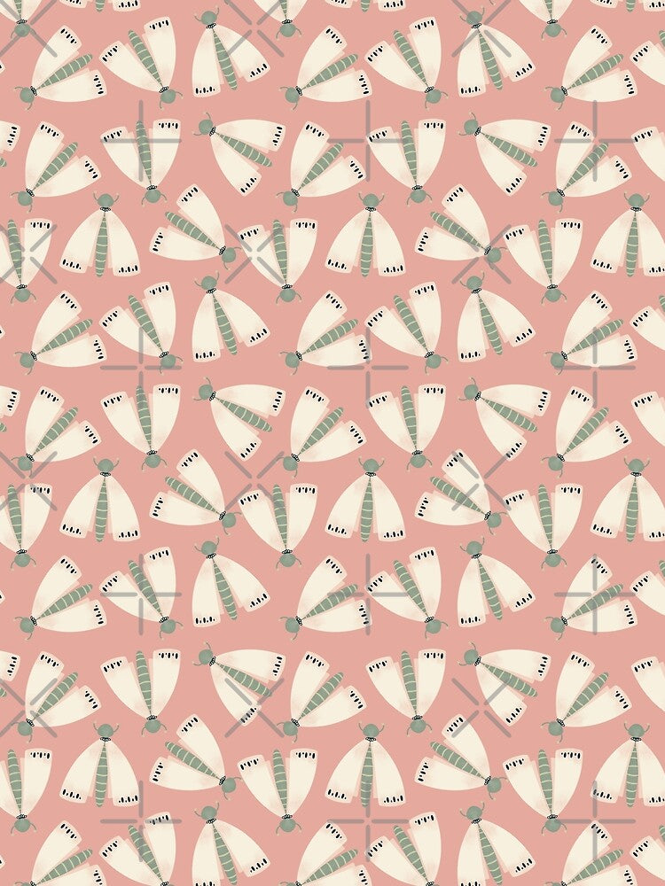 Whimsical Moth Pattern – Cute Insect Illustration on Pink by AniaMartaArt