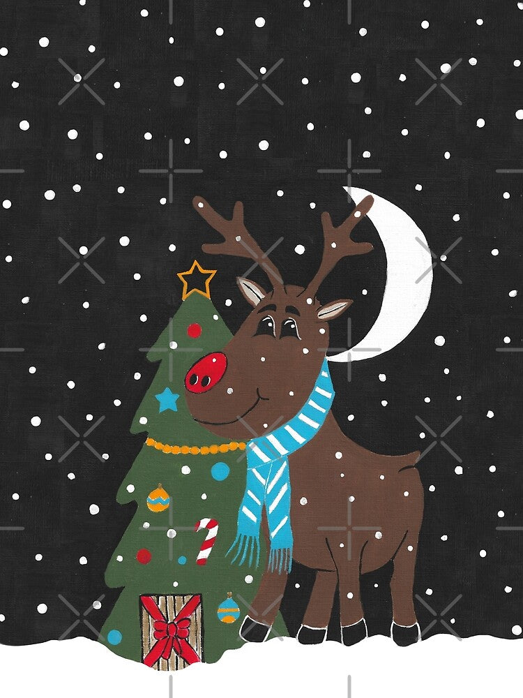 Christmas Eve Festive Red Nose Reindeer Wearing Scarf by Sartoris Art