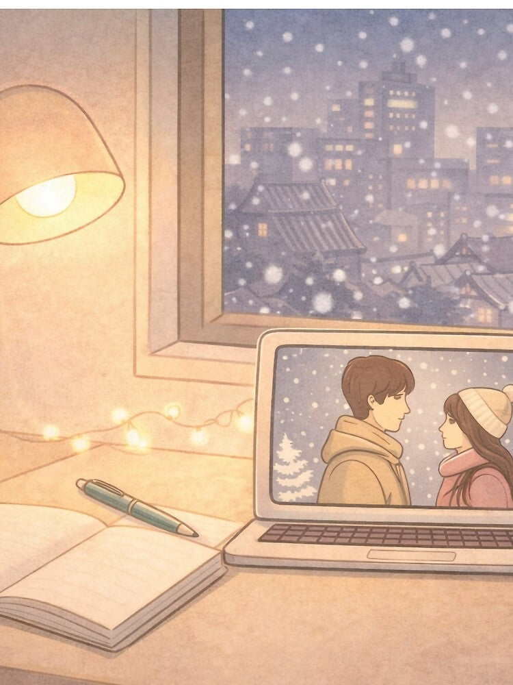Cozy K-Drama Night Study Desk | Winter Korean Aesthetic Illustration by Soft Seoul Studio