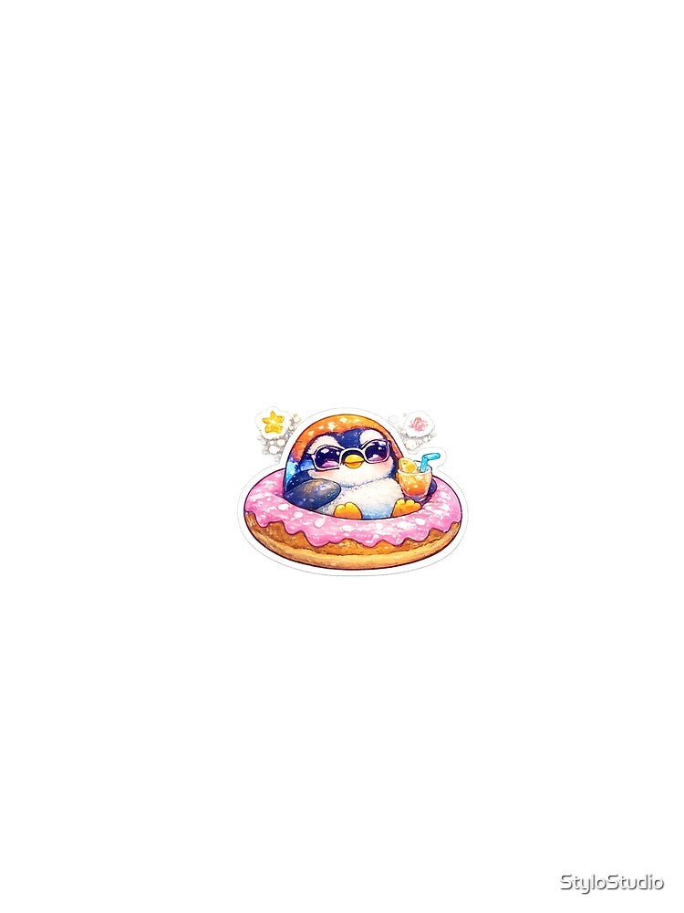 Cute Penguin in Pink Donut Float Sticker | Kawaii Summer Penguin | Cool Penguin with Sunglasses | Funny Beach Animal Sticker by StyloStudio