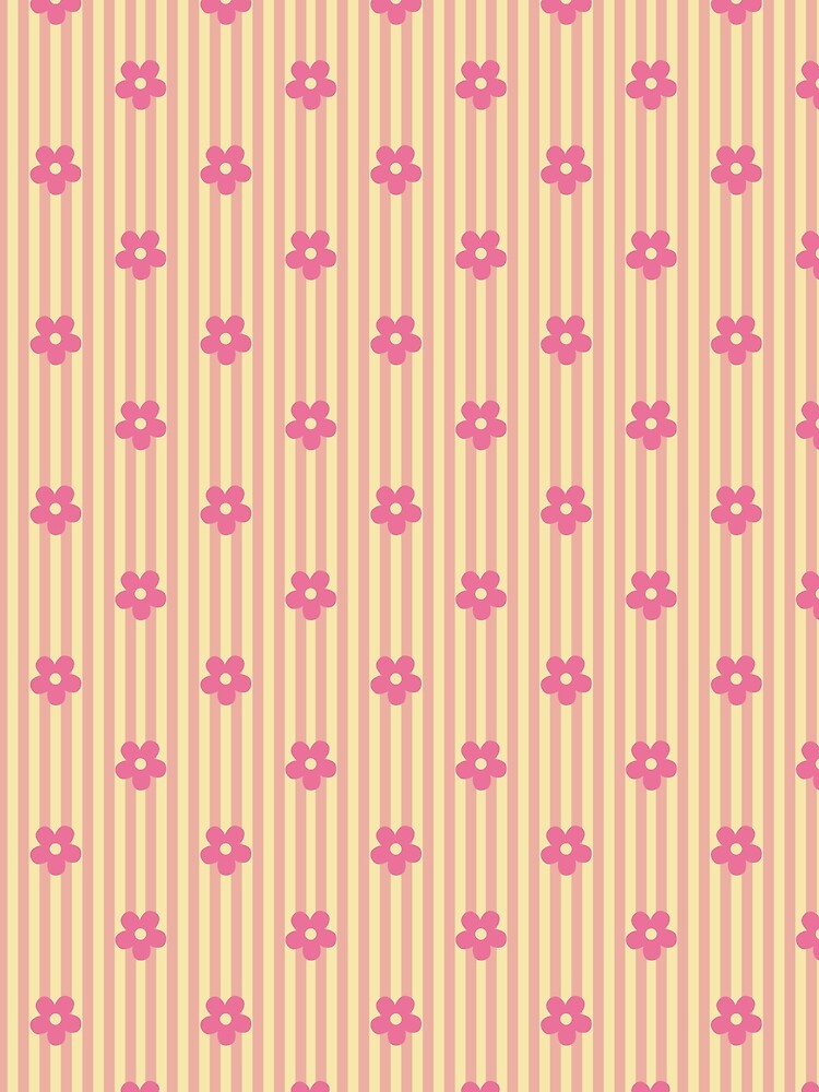 Pink Floral Pattern | Cute Pink Flowers on Yellow Stripes | Retro Floral Stripes Design | Preppy Pink Flower Pattern | Coquette Pink and Yellow with Vertical Stripes by VivaFy