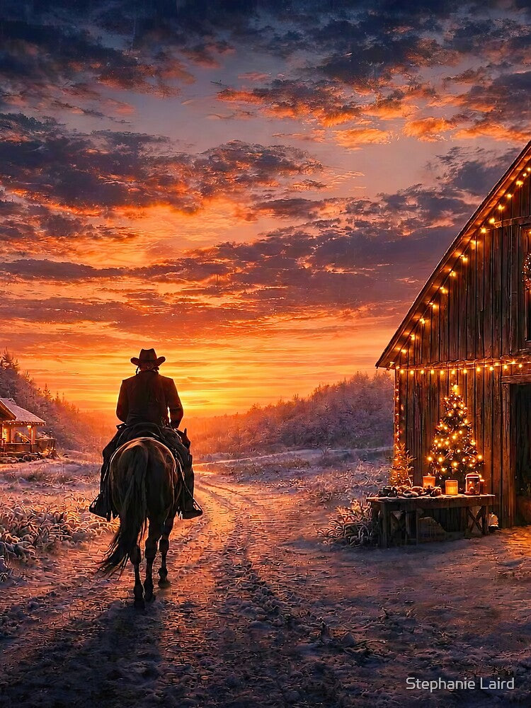 Christmas Holiday Cowboy Riding into Winter Sunset Past Barn Heading Towards Home by Stephanie Laird