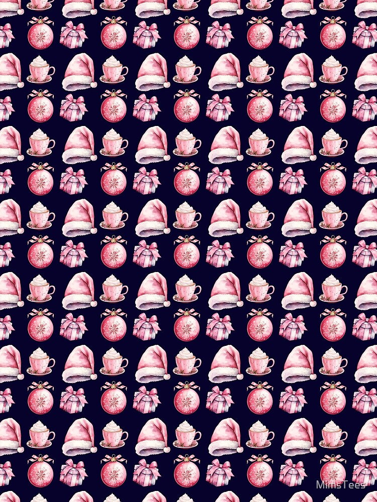 Pink Christmas Pattern with Pink Santa Hat, Pink Ornament, Pink Present and Pink Hot Chocolate Cup on a Midnight Blue Background by MimsTees
