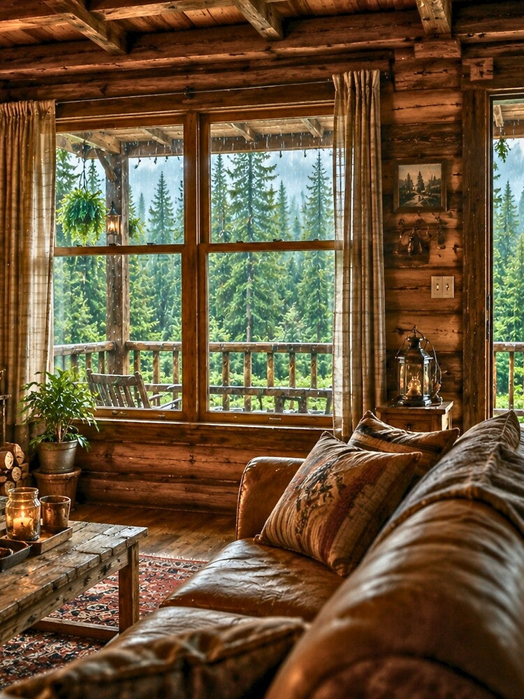 Cozy Cabin Interior After the Rain | Forest View Fireplace Retreat | Cinematic Woodland Escape by Inkmatic Studio