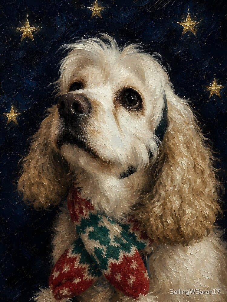 Cocker Spaniel in Christmas Scarf Starry Night Painting by SellingWSarah17
