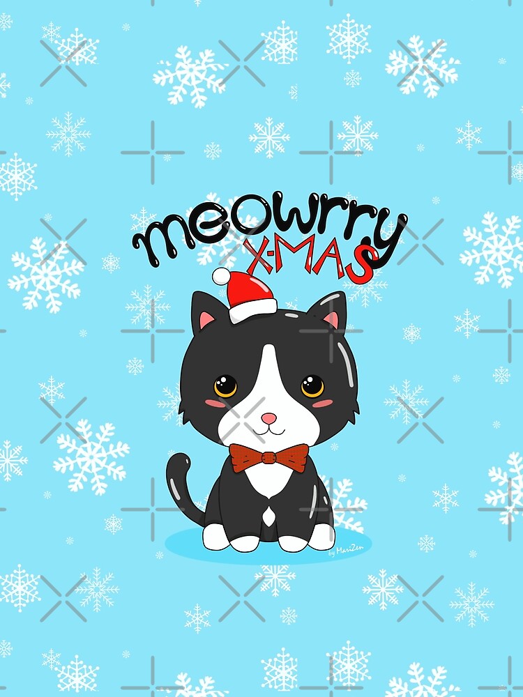 Super Cute Christmas Cat with a red bow Meow-rry Christmas by byMariZen