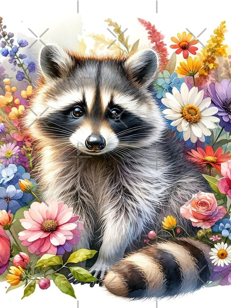 Watercolor Raccoon Street Cat Surrounded in Bouquet of Flowers by AlexisValeska