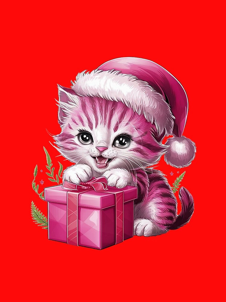 Pink Christmas Kitty Playing With Present | Red by PinkGoddessLove