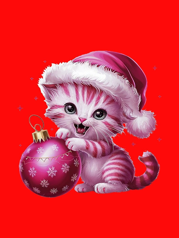 Pink Christmas Kitty Playing With Ornament | Red by PinkGoddessLove