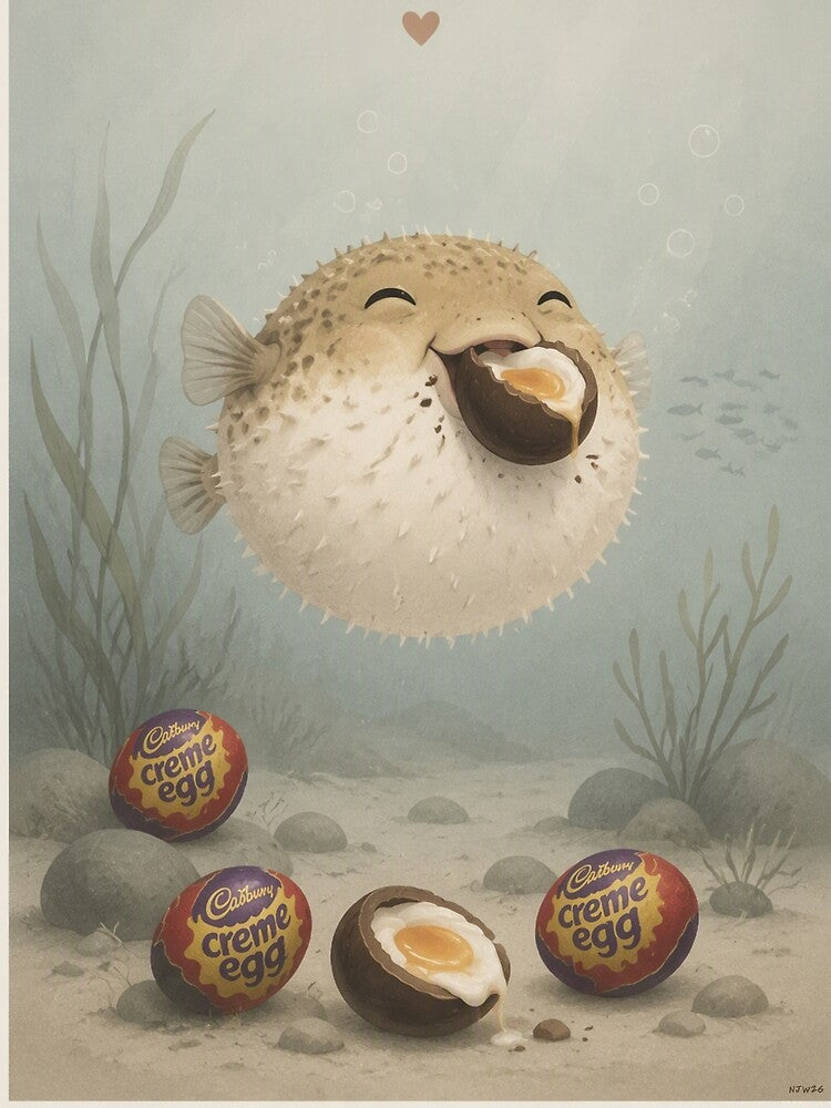 Hygge Puffer Fish & Chocolate Egg "DELICIOUS" Portrait by NickWhittleArt