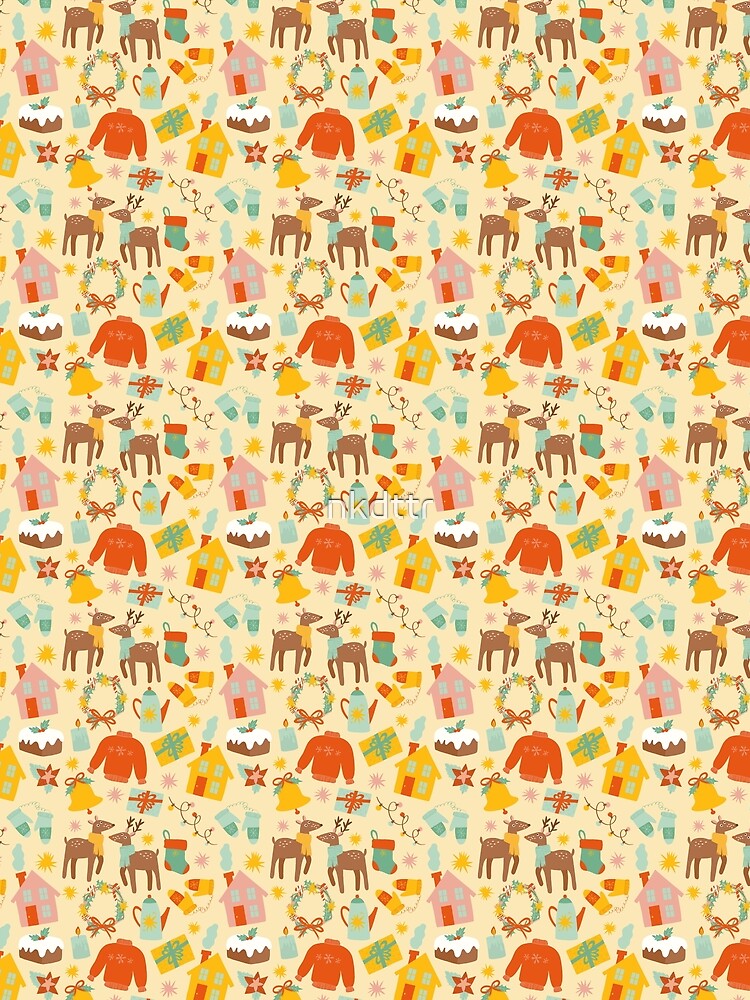 Yellow Cute Christmas Pattern Houses Xmas Tree Deer Sweater Mittens by nkdttr